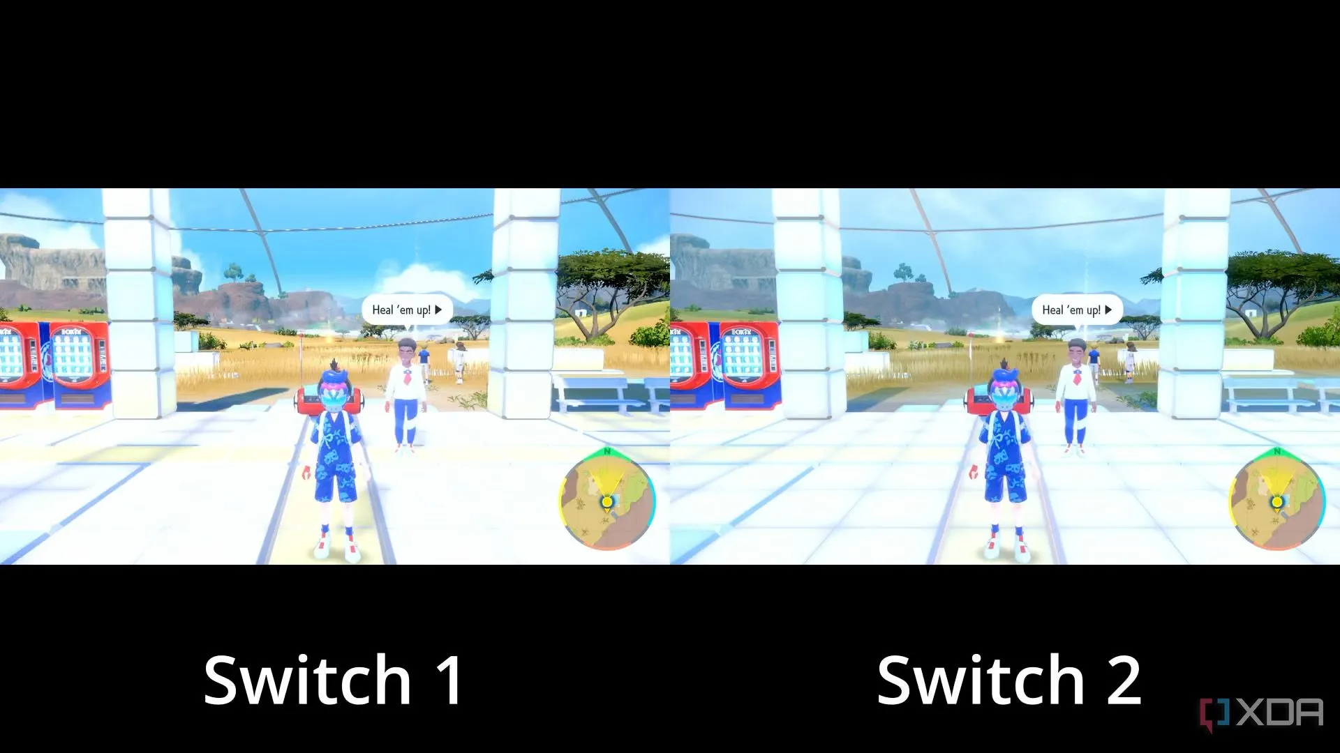 So sánh đồ họa của game Pokémon Violet trên Nintendo Switch đời đầu và Nintendo Switch 2, cho thấy sự cải thiện về chi tiết và hiệu ứng hình ảnh.