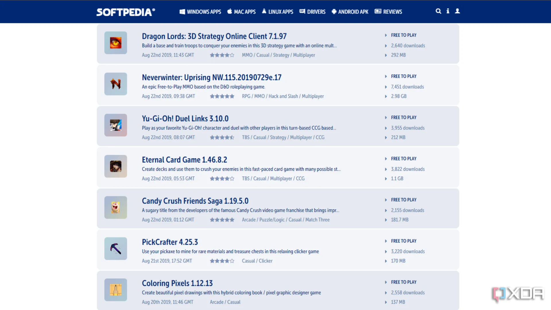 Softpedia hiển thị các tựa game miễn phí có thể tải về