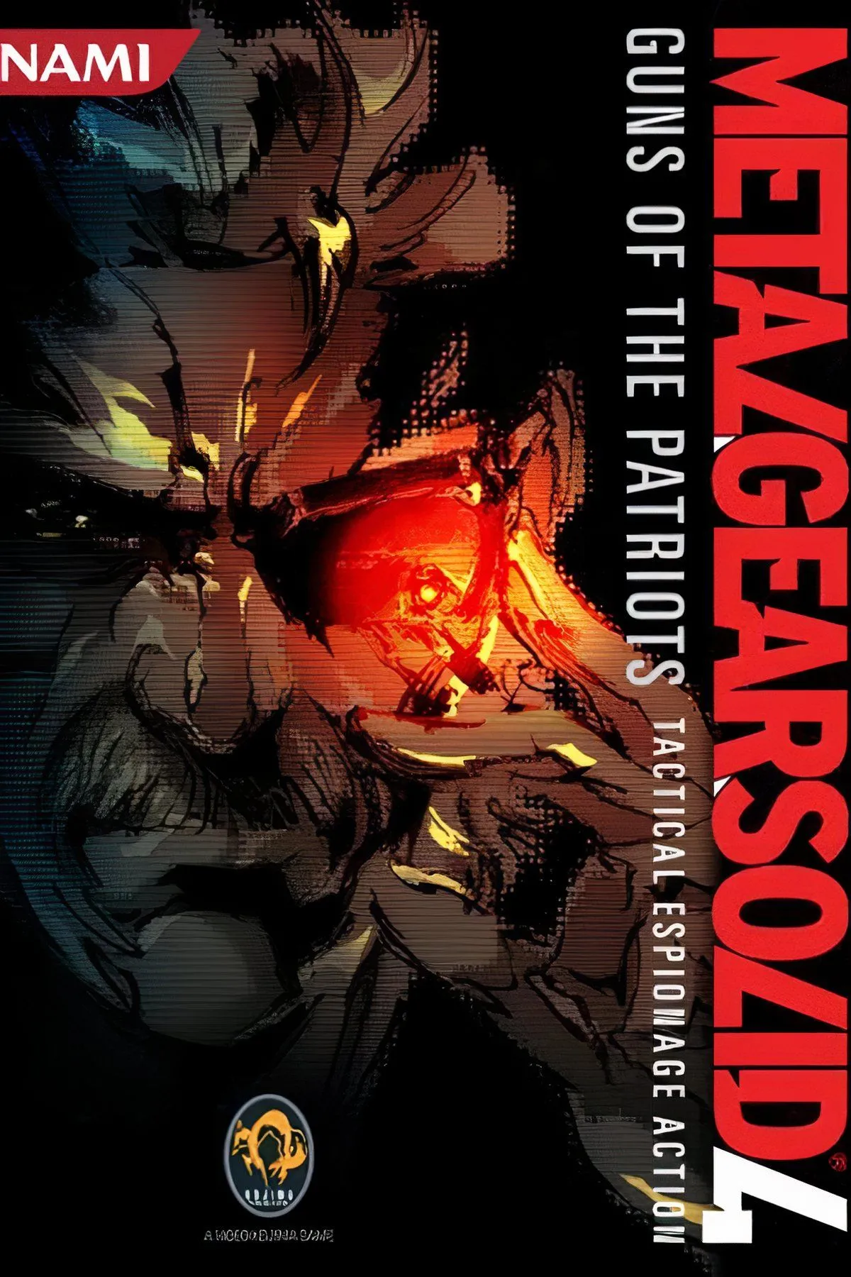 Solid Snake trong Metal Gear Solid 4 ngắm bắn với khẩu súng lục trên chiến trường, thể hiện hành động lén lút và căng thẳng.