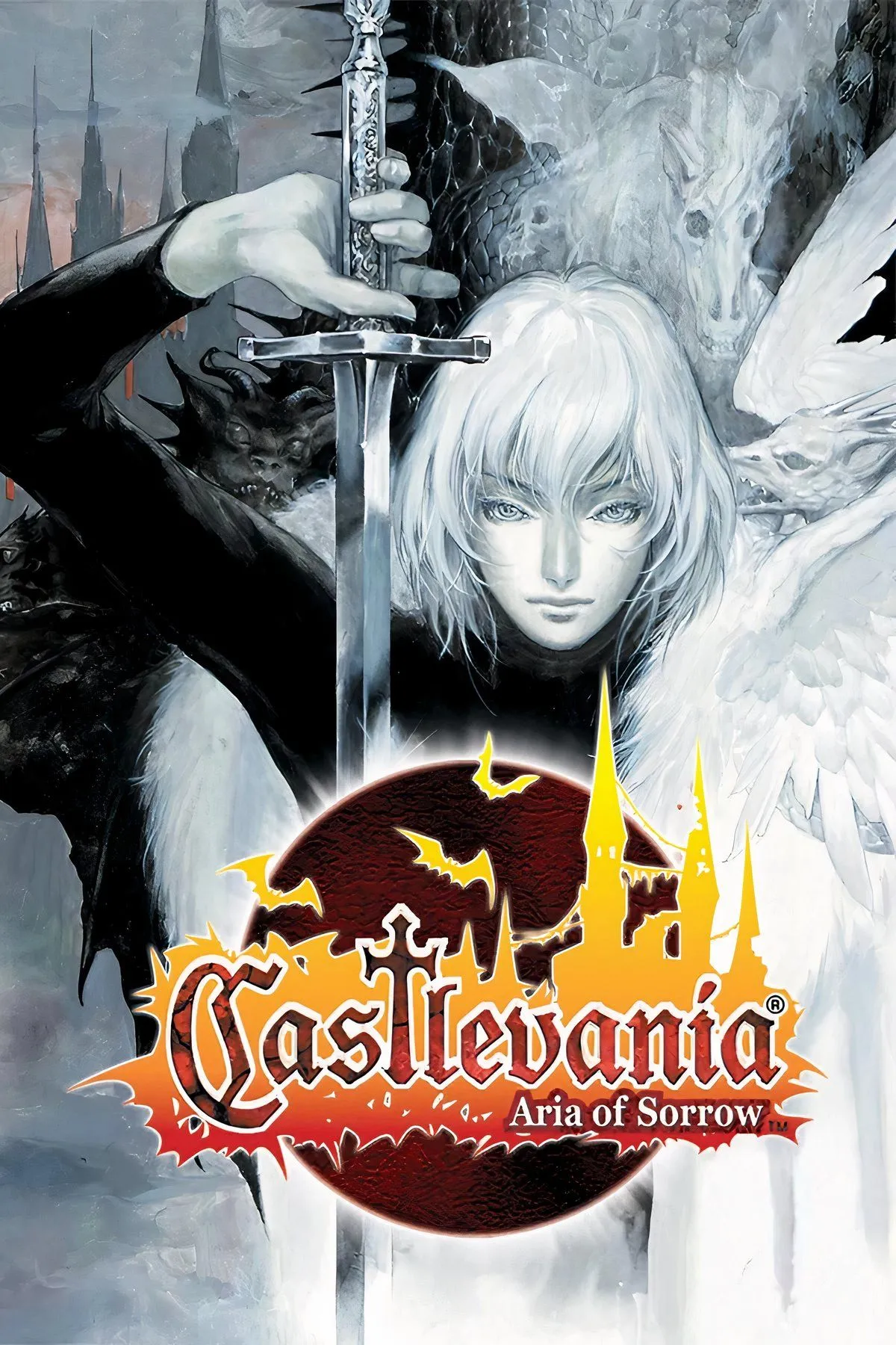 Soma Cruz đối mặt với sinh vật bí ẩn trong Castlevania: Aria of Sorrow, thể hiện đồ họa pixel art đặc trưng của gameboy Advance.