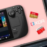 Steam Deck và các thẻ nhớ microSD, minh họa cho khả năng mở rộng không gian lưu trữ và quản lý game trên nền tảng Steam.