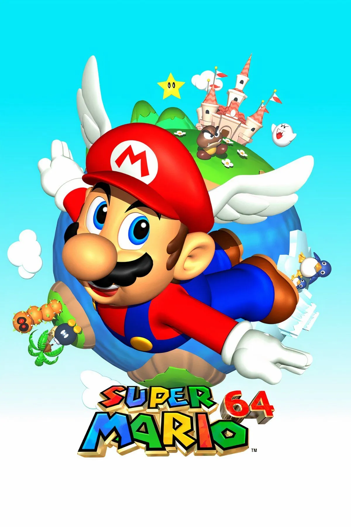 Super Mario 64 với Mario đang thực hiện cú nhảy đặc trưng, biểu tượng của kỷ nguyên game 3D trên Nintendo 64.
