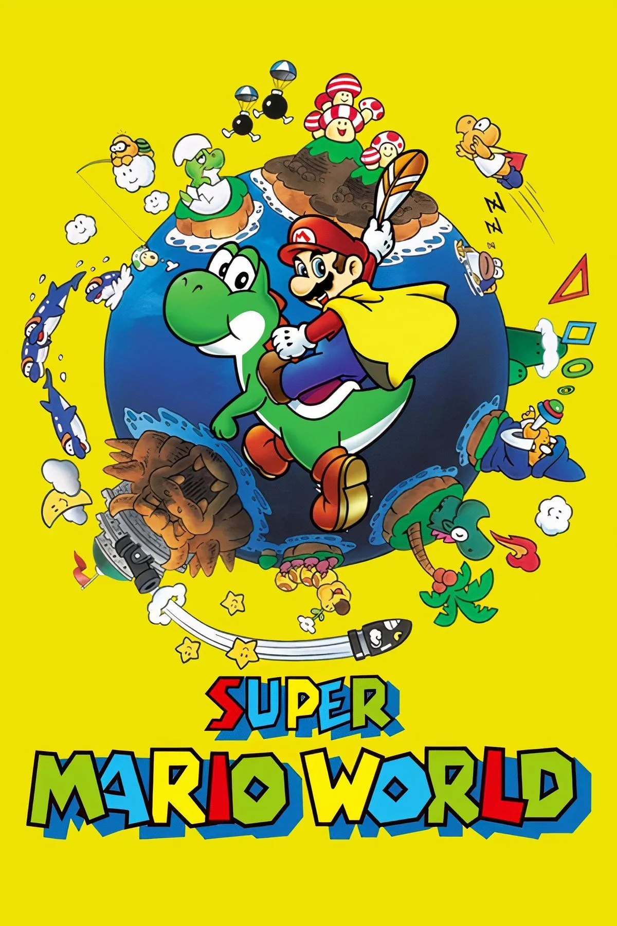 Super Mario World với Mario đang bay trên lưng Yoshi, thể hiện gameplay platformer kinh điển của SNES.