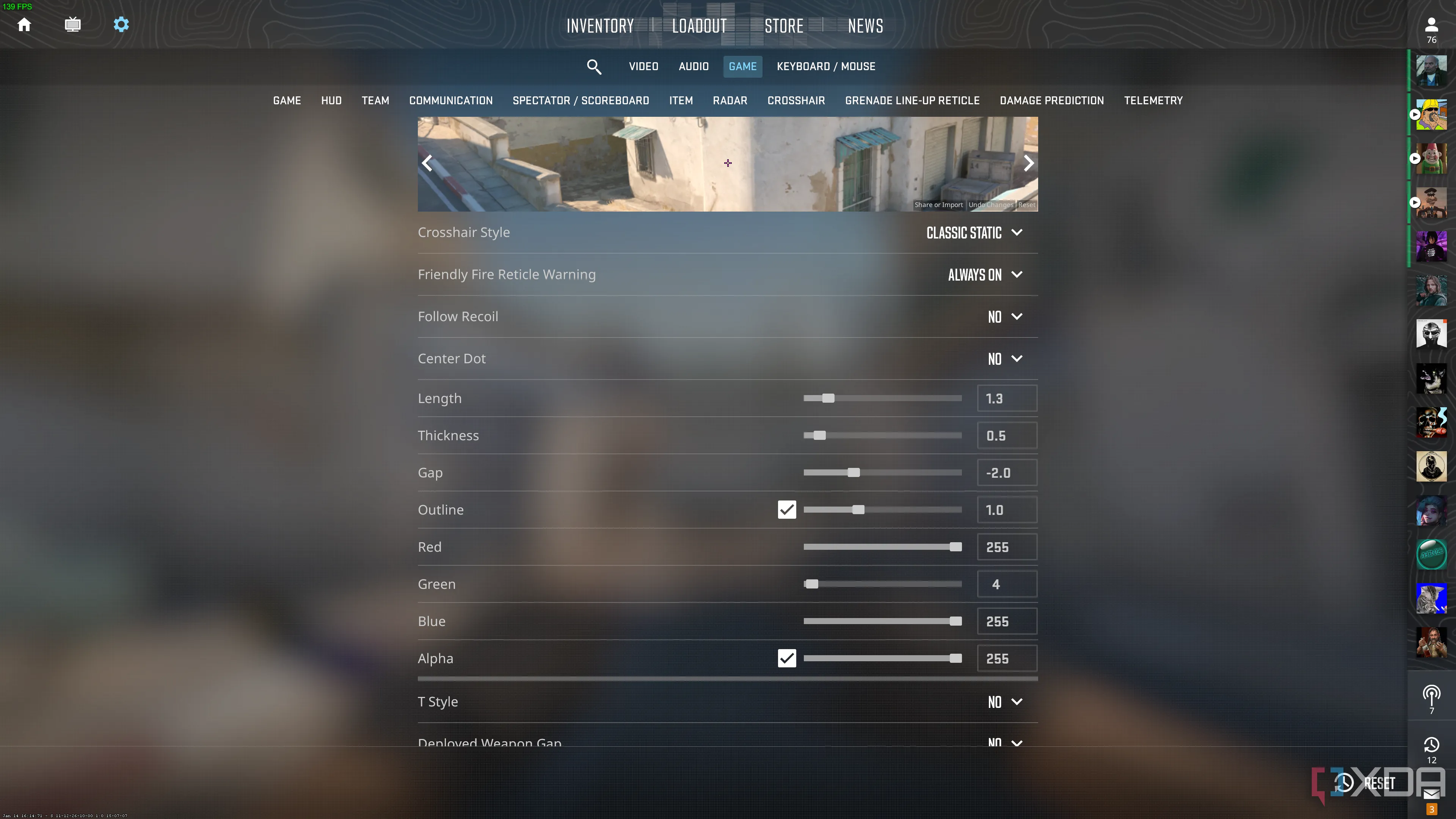 Tâm ngắm tùy chỉnh trong Counter-Strike 2 trên nền tường gạch đỏ
