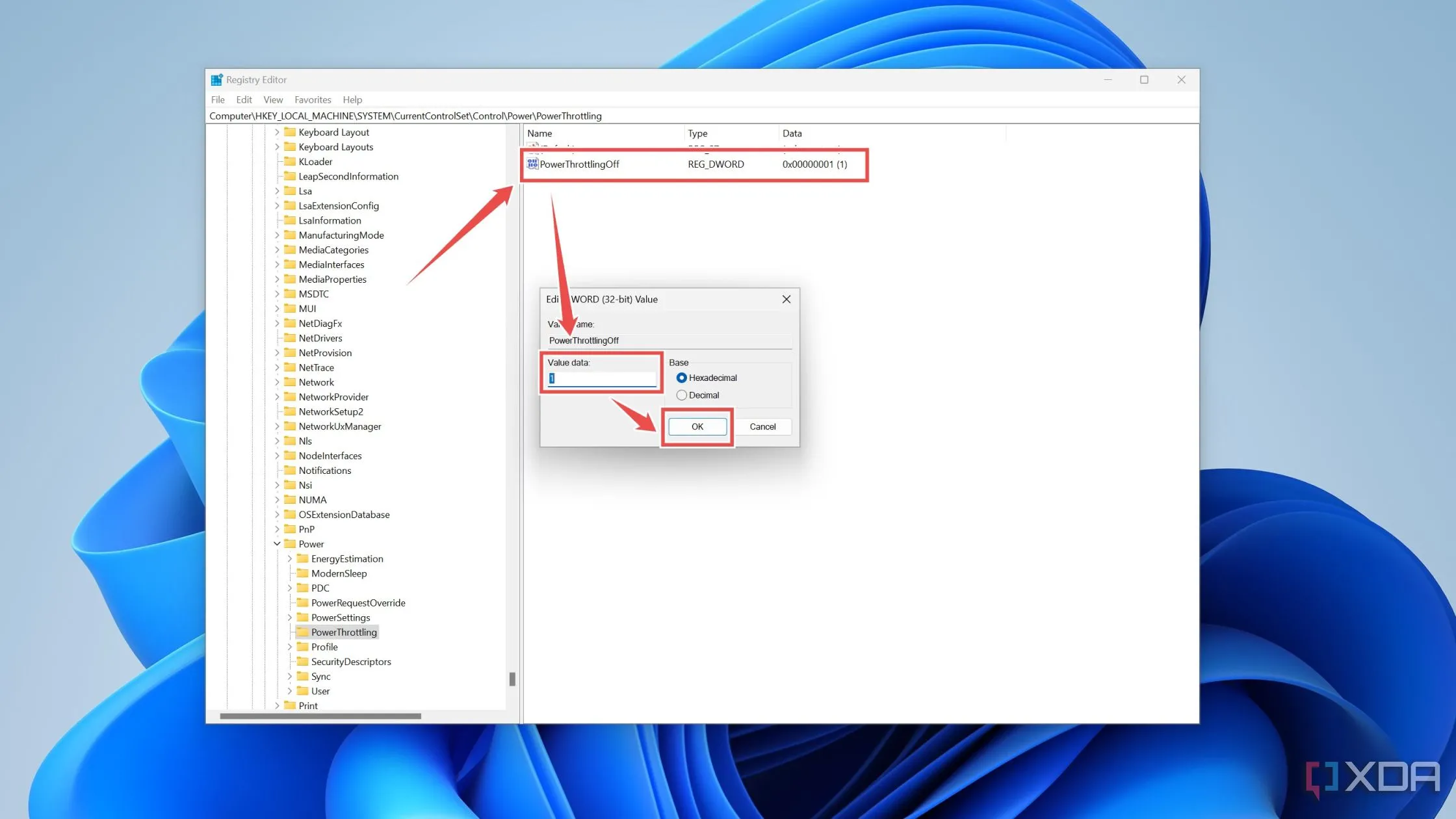 Tạo DWORD PowerThrottlingOff trong Registry Editor để vô hiệu hóa chức năng điều tiết nguồn CPU.