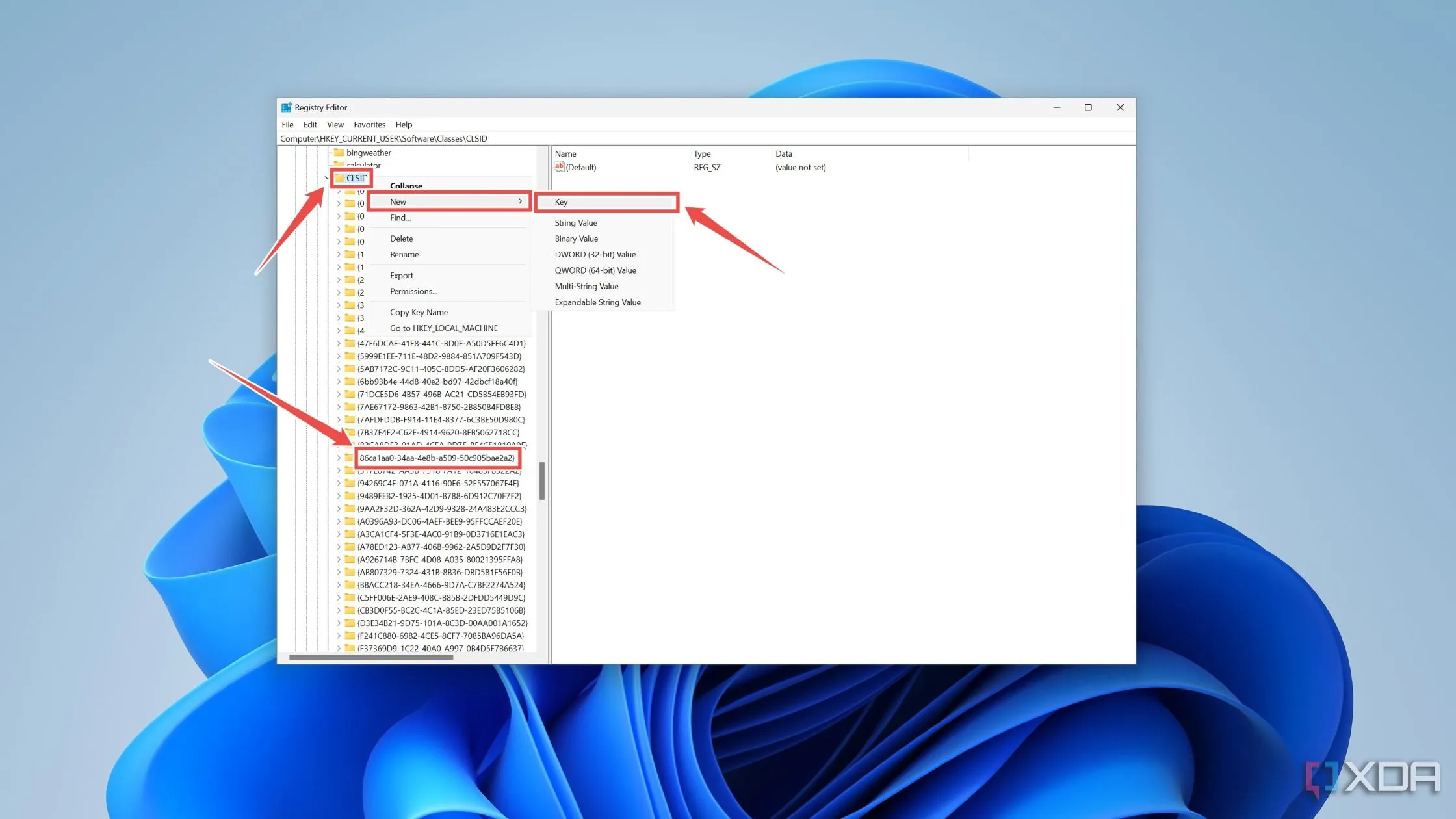 Tạo khóa mới {86ca1aa0-34aa-4e8b-a509-50c905bae2a2} bên trong thư mục CLSID trong Registry Editor.