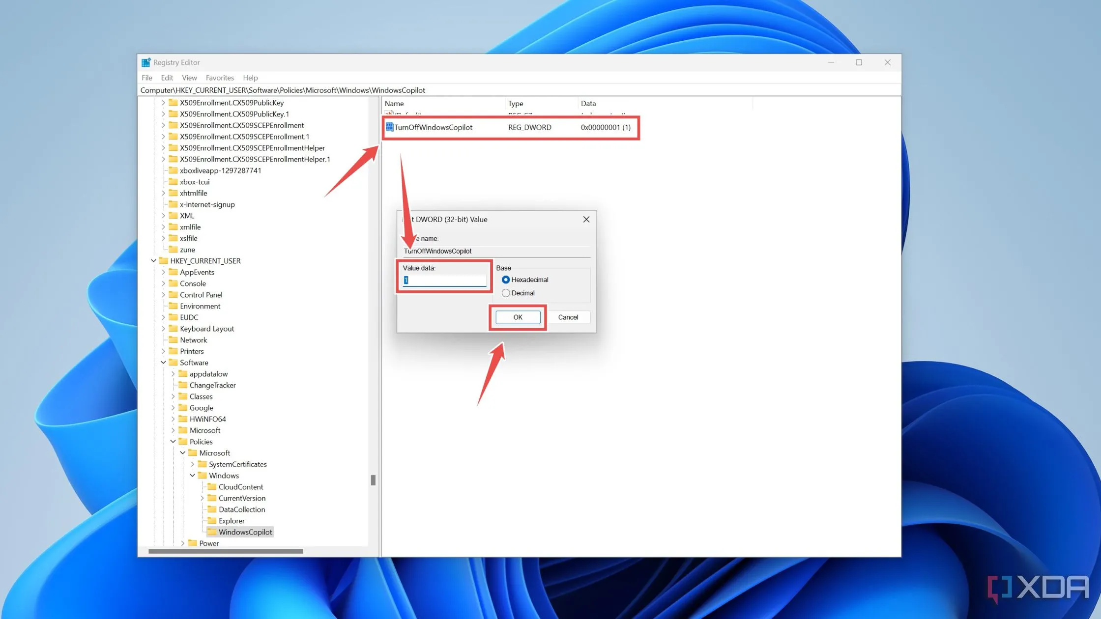 Tạo khóa TurnOffWindowsCopilot với giá trị '1' trong Registry Editor để tắt Copilot trên Windows 11.