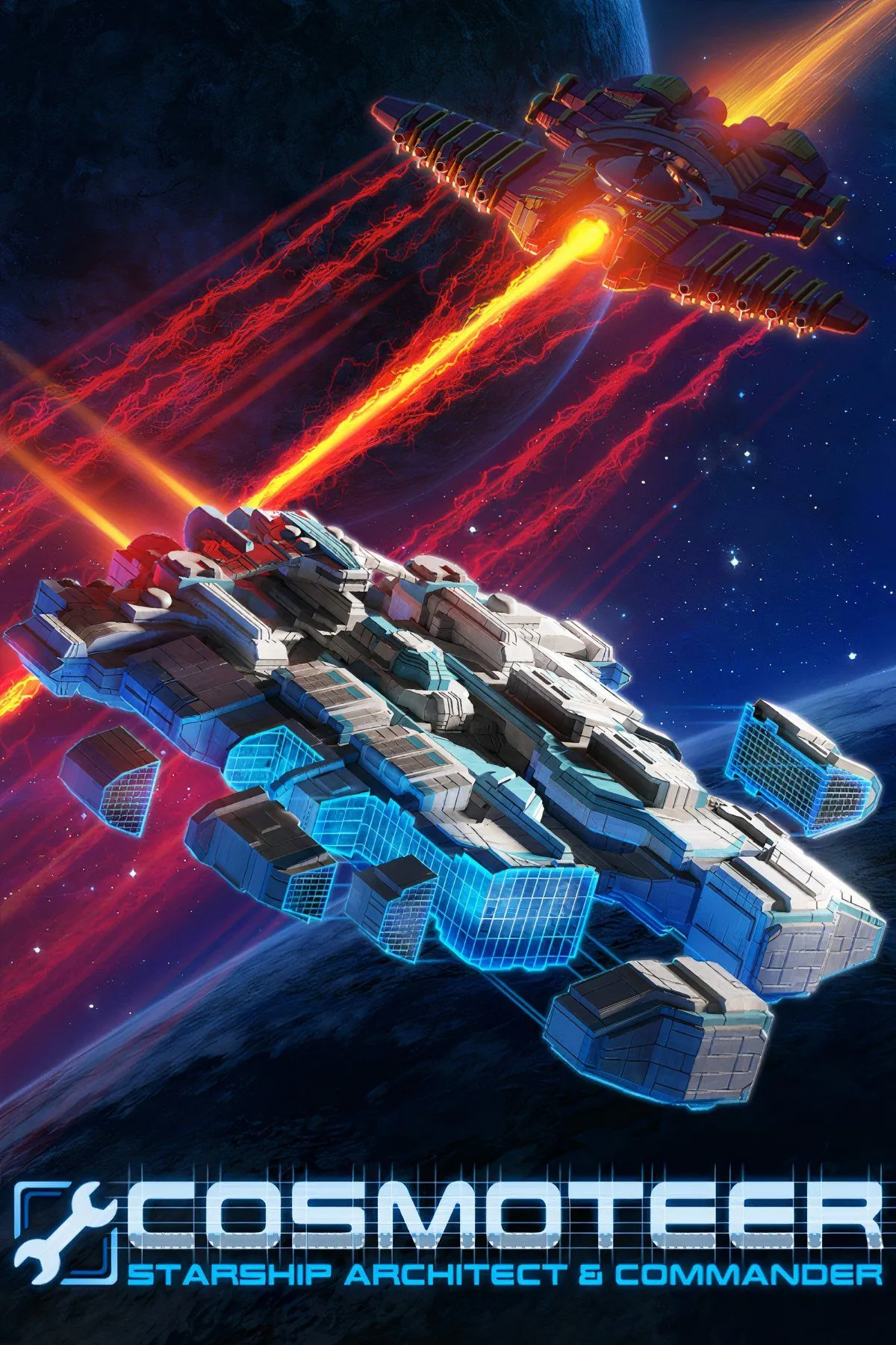 Tàu chiến không gian tùy chỉnh trong Cosmoteer: Starship Architect &amp; Commander đang giao chiến, thể hiện cơ chế xây dựng module và hoạt động của phi hành đoàn.