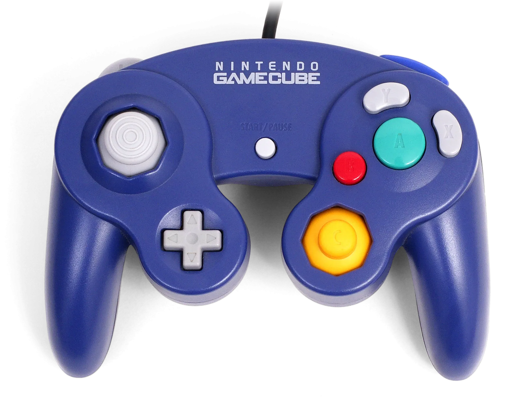 Tay cầm GameCube Nintendo Switch 2 màu xanh dương được đặt trên bề mặt phẳng, cho thấy rõ các nút bấm và cần gạt đặc trưng.
