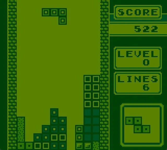 Tetris trên Game Boy với giao diện người dùng hiển thị khối tiếp theo.