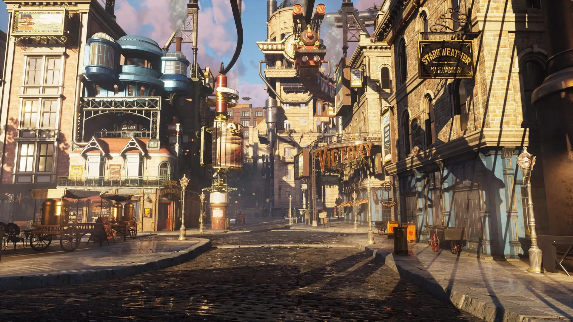 Thành phố mang phong cách steampunk ấn tượng với kiến trúc độc đáo trong tựa game Clockwork Revolution.