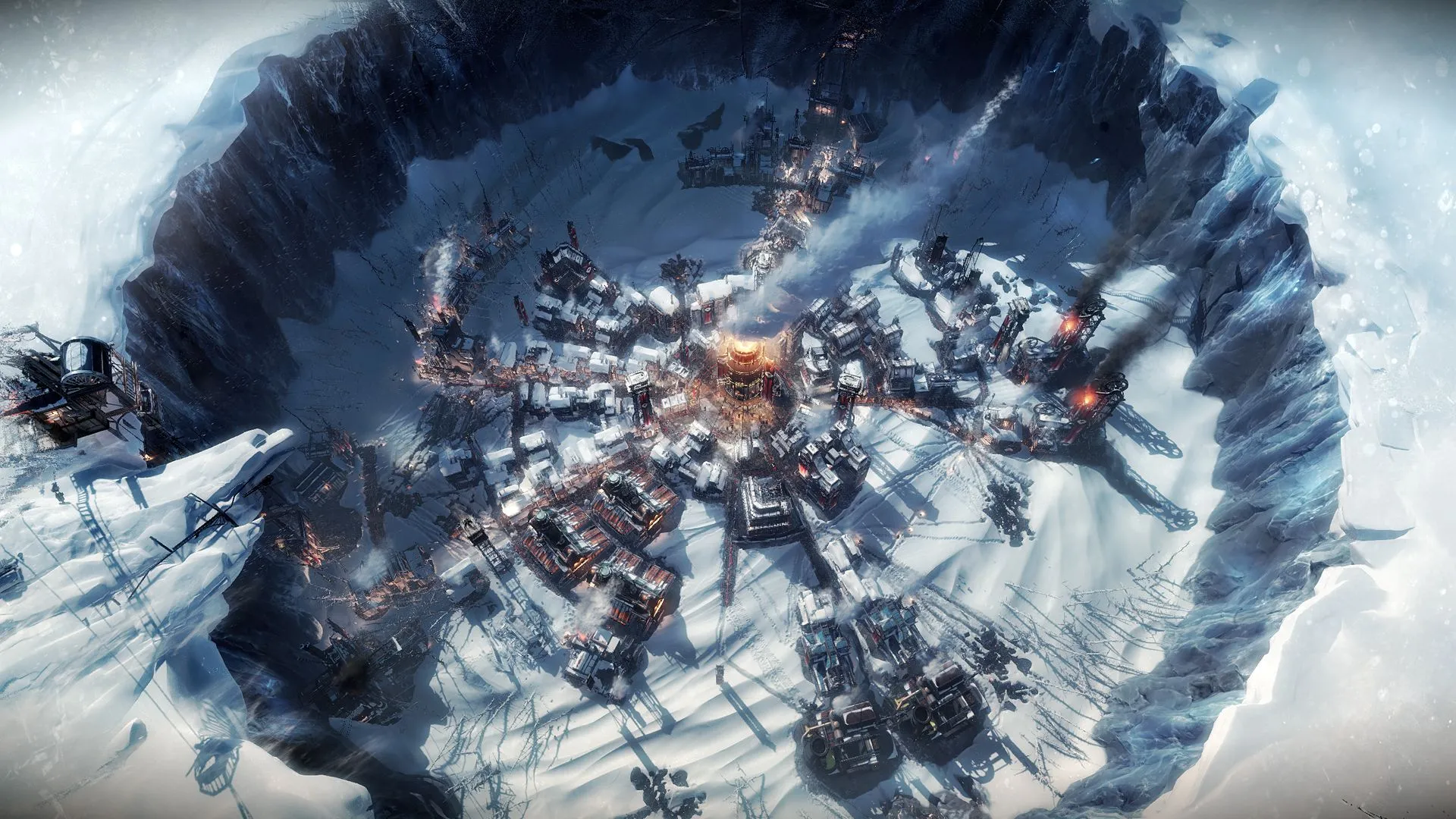 Thành phố New London xây dựng quanh lò sưởi trung tâm trong bối cảnh mùa đông khắc nghiệt của Frostpunk 1886