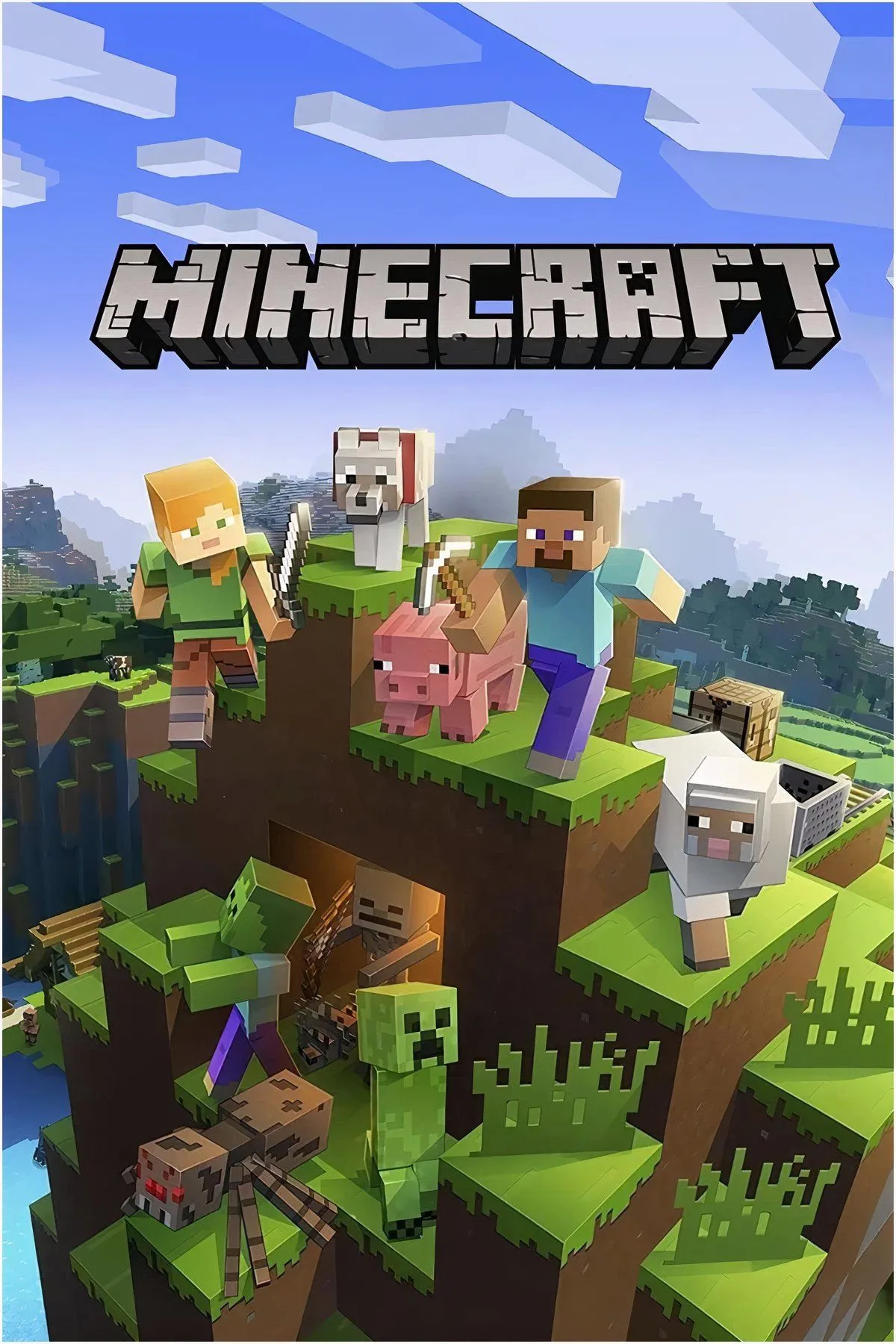 Thế giới khối vuông đặc trưng của Minecraft với nhân vật đang khám phá một môi trường đa dạng, minh họa lối chơi sandbox tự do.