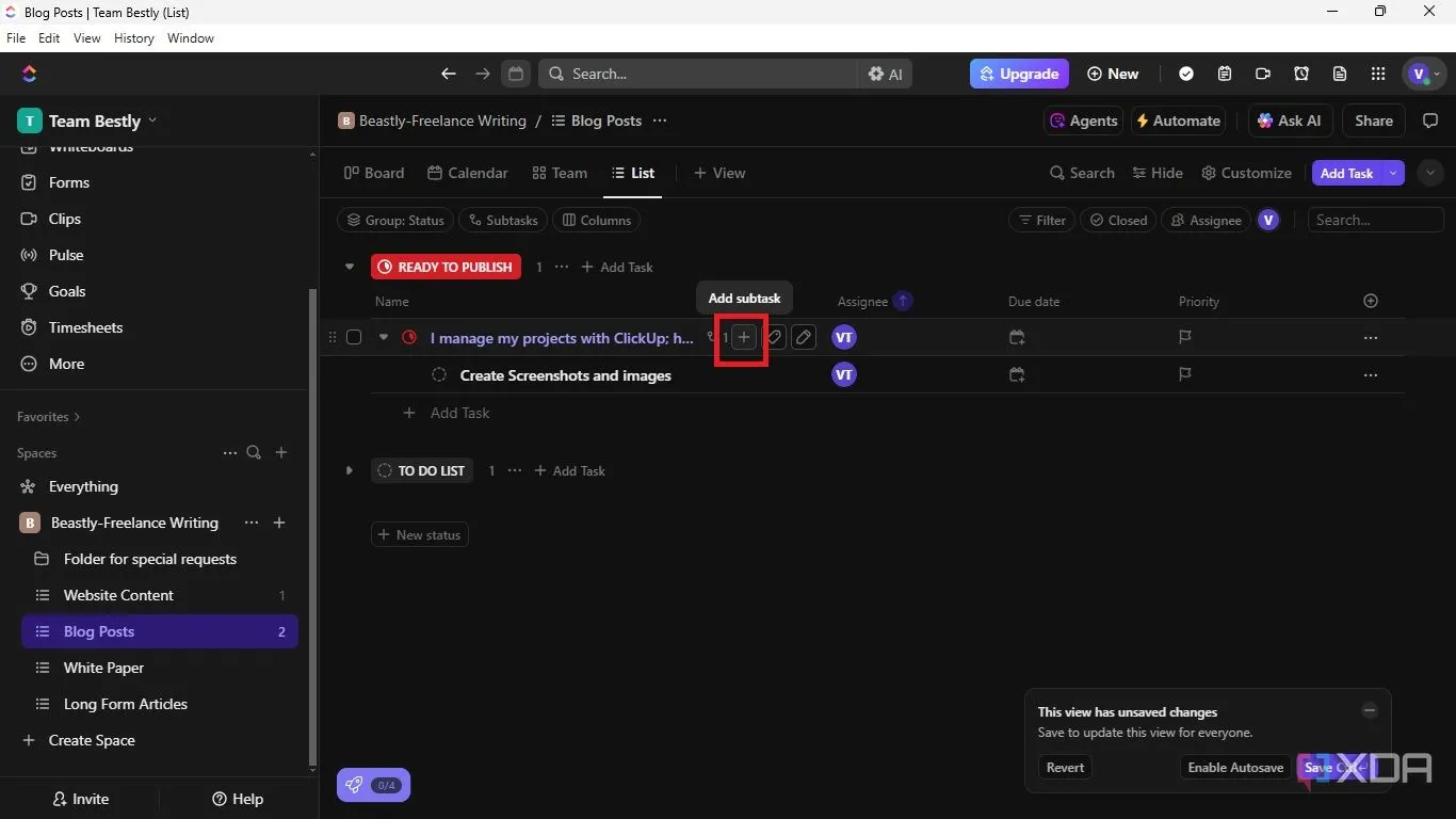 Thêm tác vụ con (Subtask) vào một tác vụ chính trong ClickUp bằng cách nhấp vào biểu tượng dấu cộng
