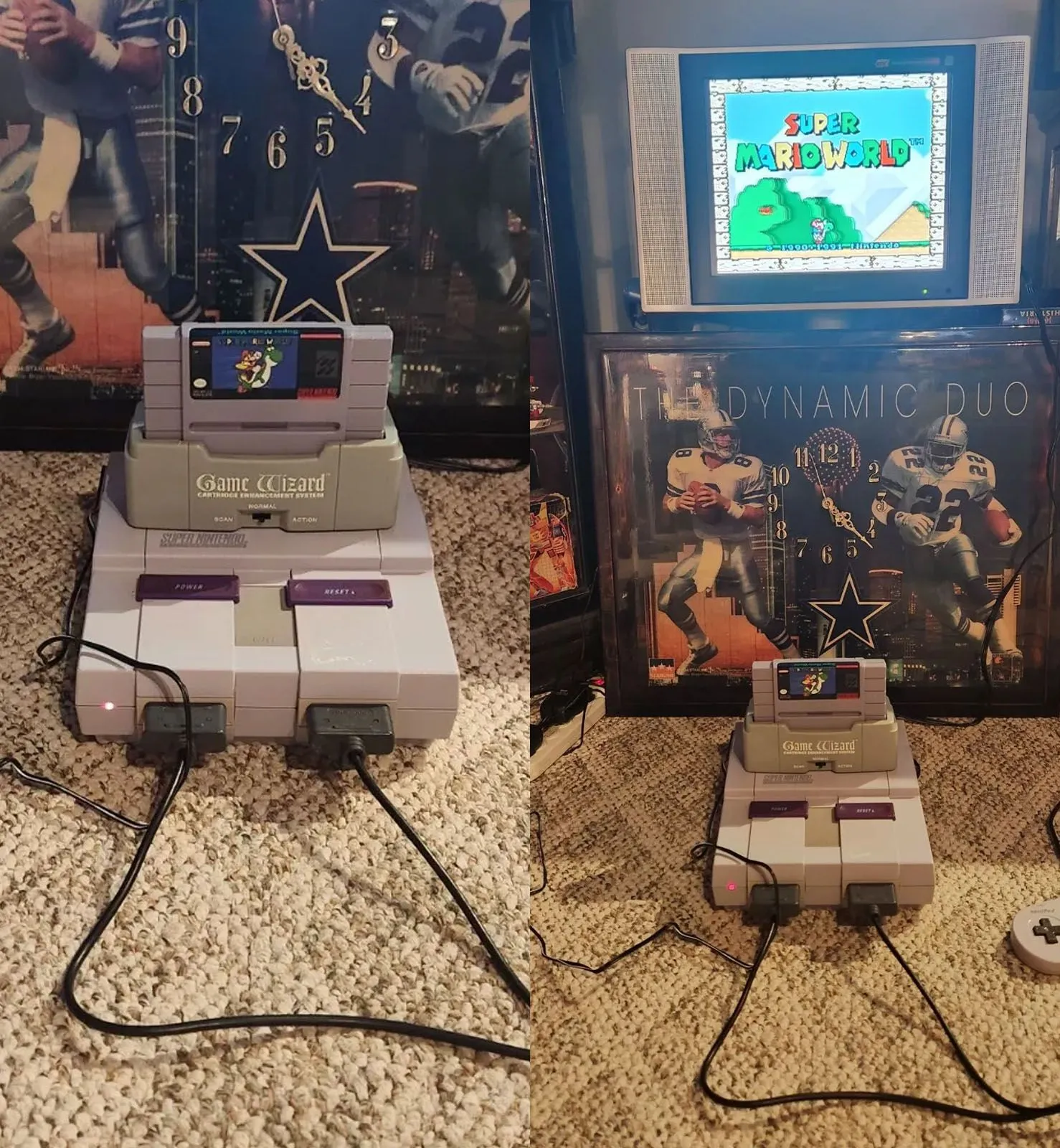 Thiết bị Game Wizard được cắm vào máy Super Nintendo Entertainment System (SNES) và kết nối với TV, minh họa cách sử dụng
