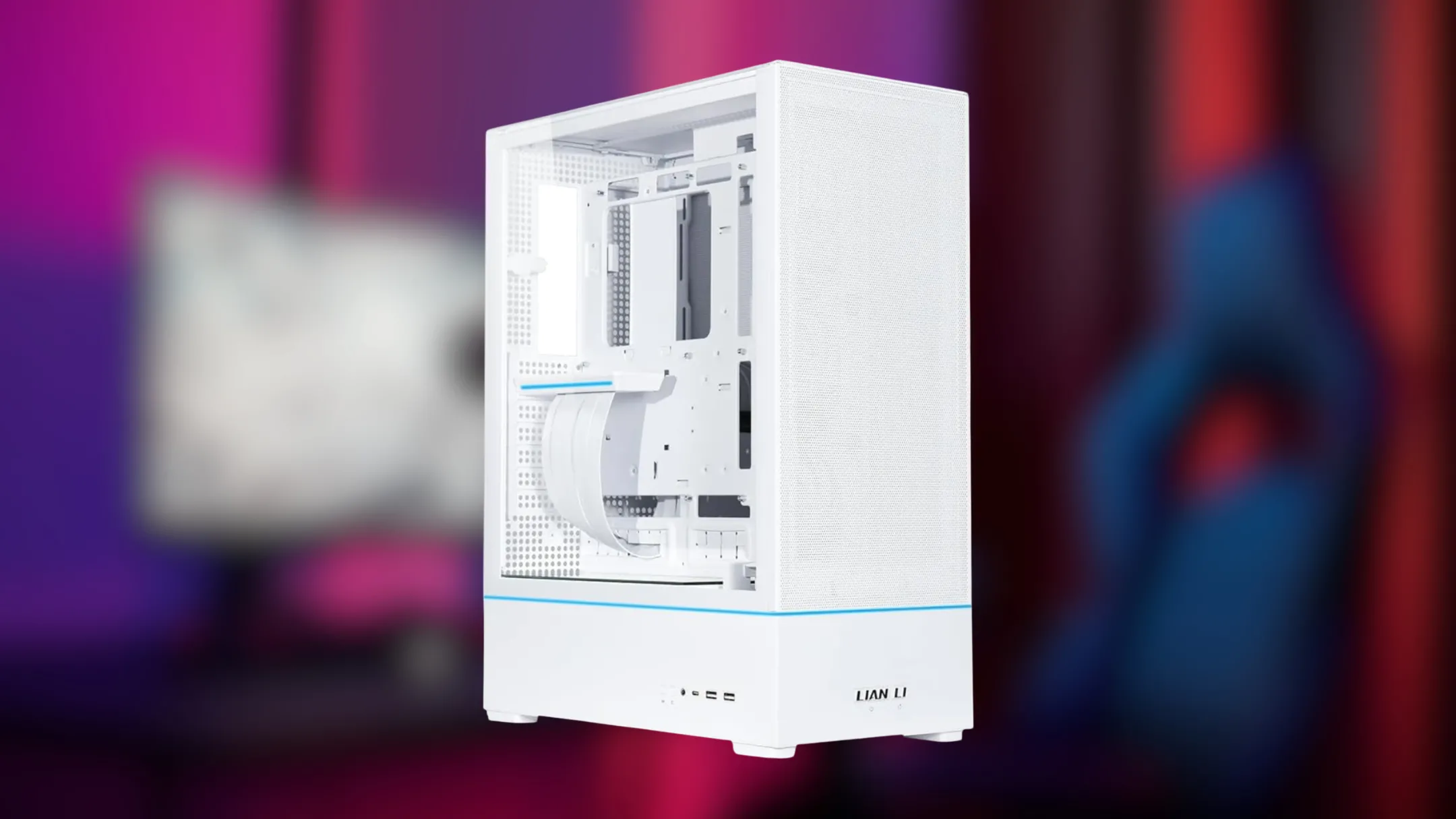 Thiết kế bên trong vỏ case Lian Li SUP 01 với không gian lắp đặt rộng rãi và hệ thống đèn RGB