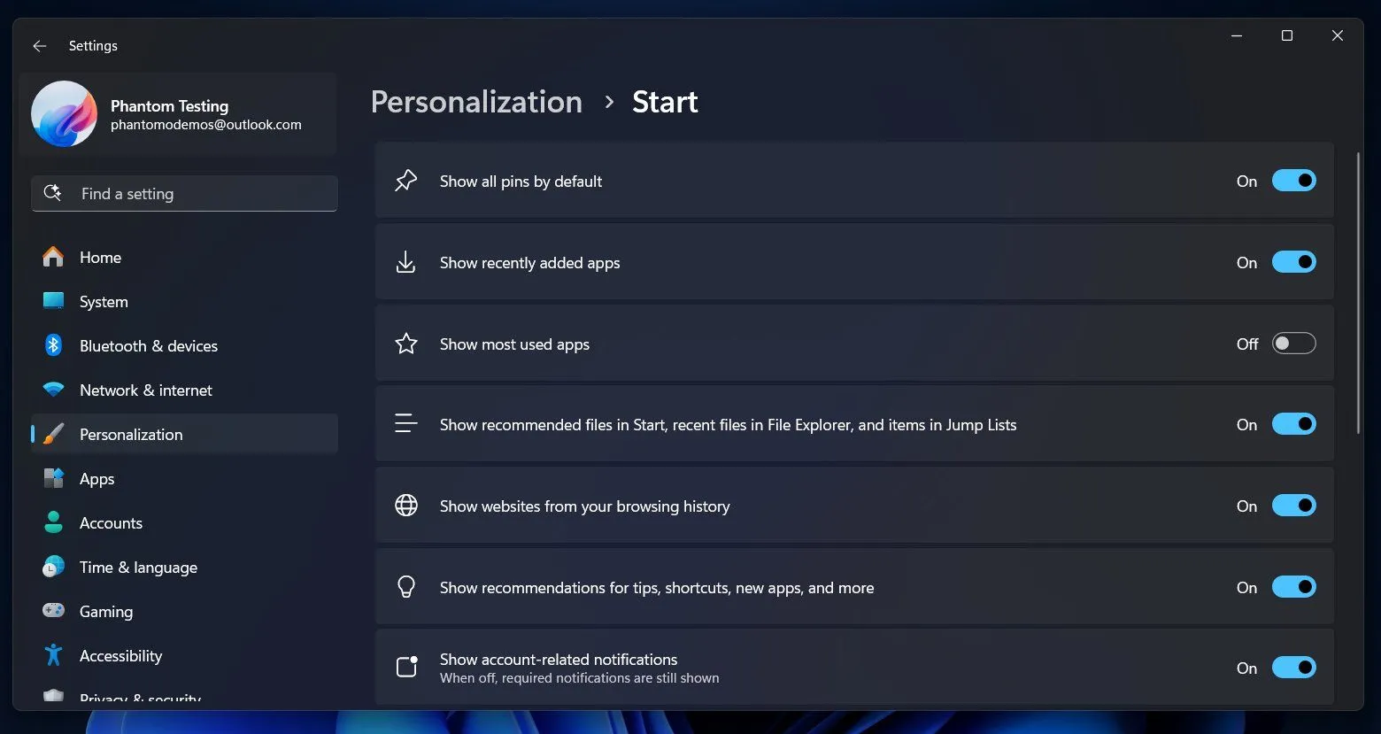 Thiết lập tùy chỉnh trong Windows 11 để vô hiệu hóa mục Recommended trên Start Menu
