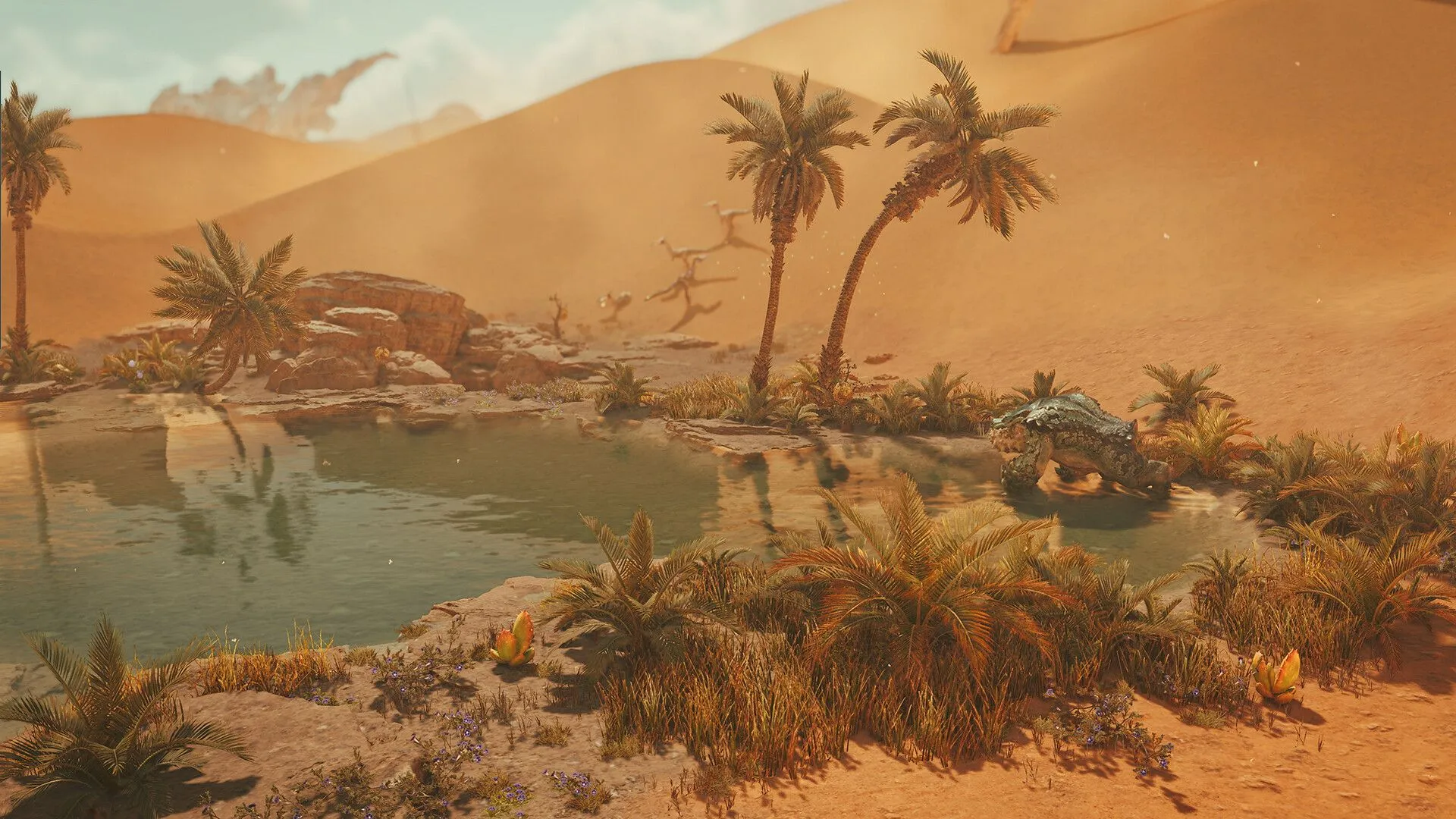 Thợ săn đang chuẩn bị vũ khí trước một quái vật lớn trong Monster Hunter Wilds