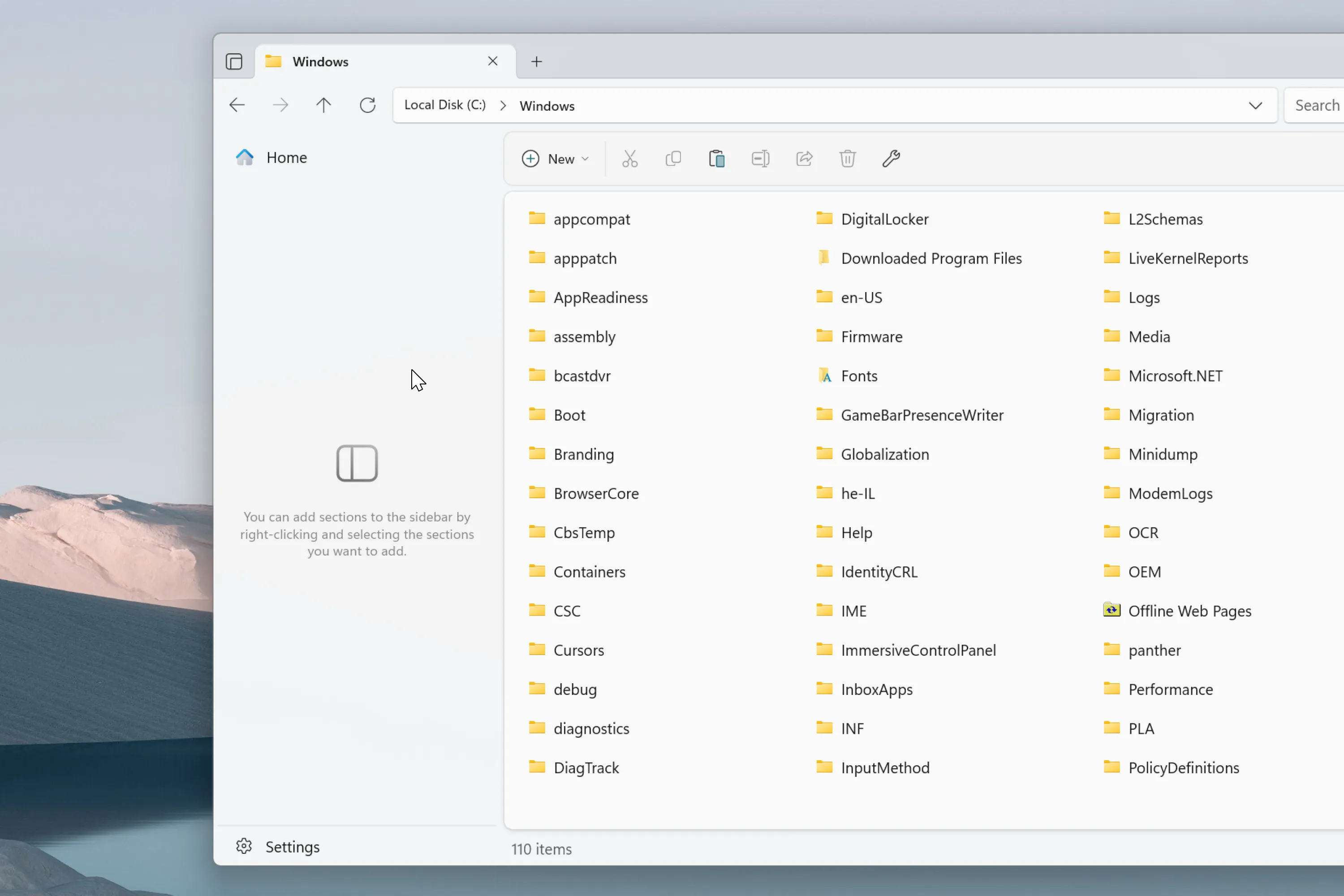 Thông báo hướng dẫn thêm mục vào thanh bên khi trống trong Files app.