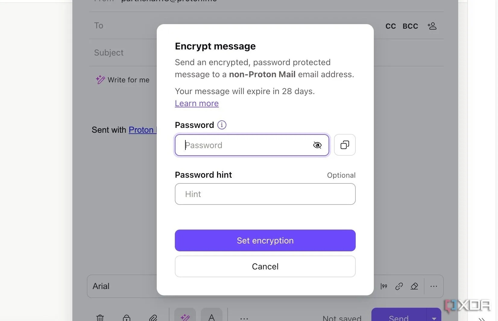 Tính năng mã hóa email với mật khẩu của Proton Mail để gửi tài liệu nhạy cảm.