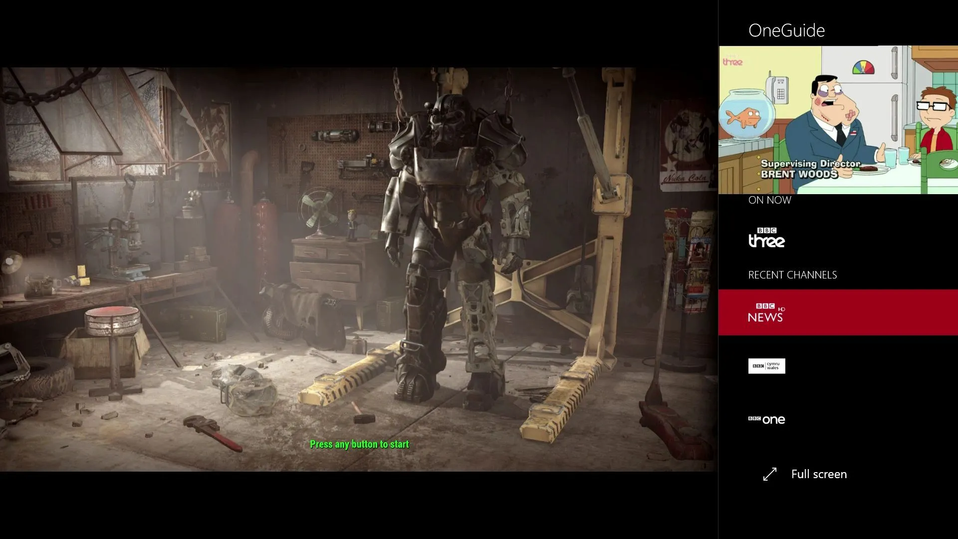 Tính năng Snap của Xbox One với game Fallout 4 và chương trình TV, minh họa khả năng đa nhiệm
