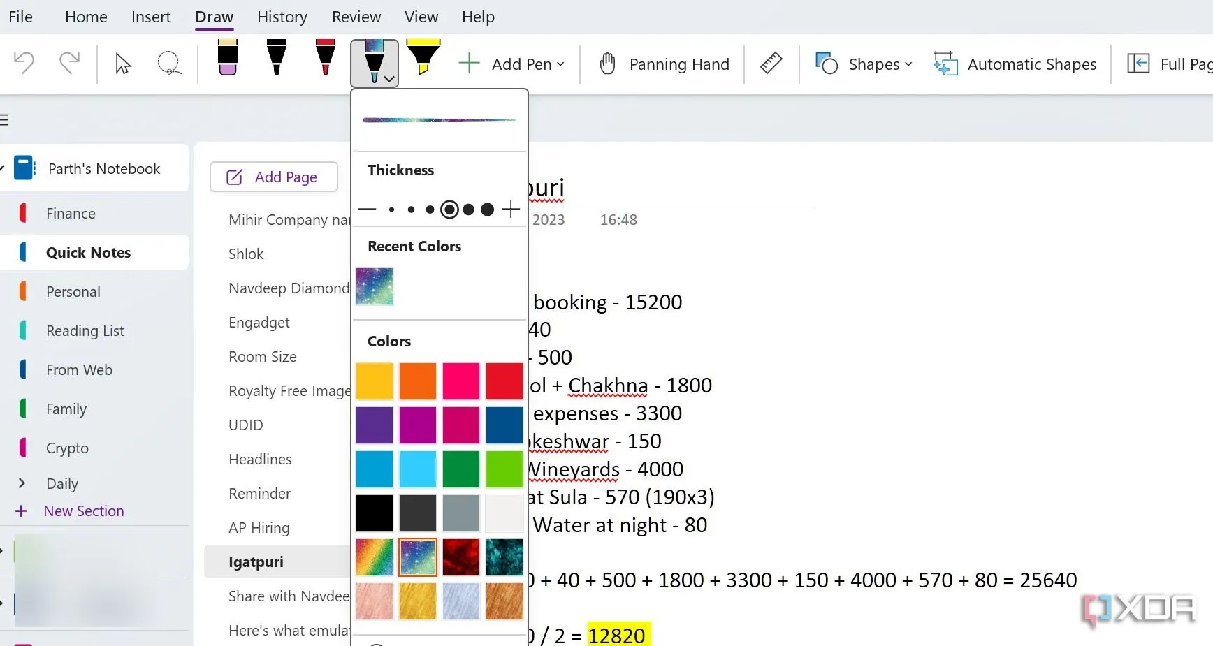 Tính năng viết tay và vẽ trên OneNote với nhiều tùy chọn bút