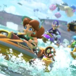 Toadette đang đua trong đường hầm dưới nước trên đường đua Salty Salty Speedway trong Mario Kart World.