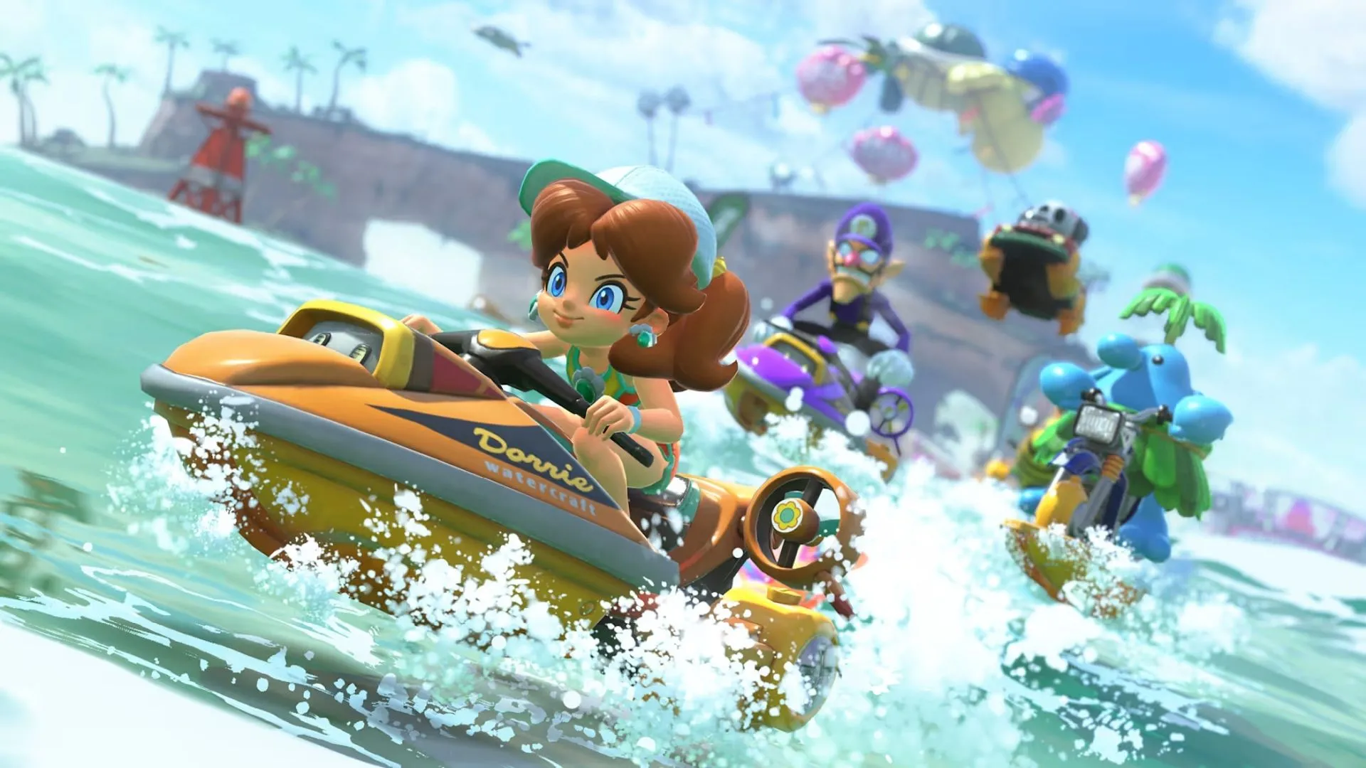 Toadette đang đua trong đường hầm dưới nước trên đường đua Salty Salty Speedway trong Mario Kart World.