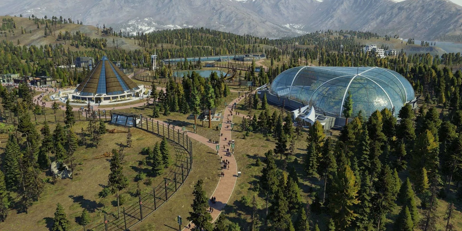 Toàn cảnh công viên Jurassic World với các khu vực và cơ sở vật chất đa dạng