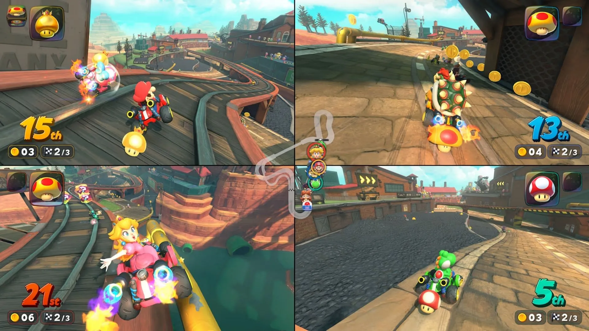 Toàn cảnh một khu vực mở trong game Mario Kart World, hiển thị nhiều tay đua