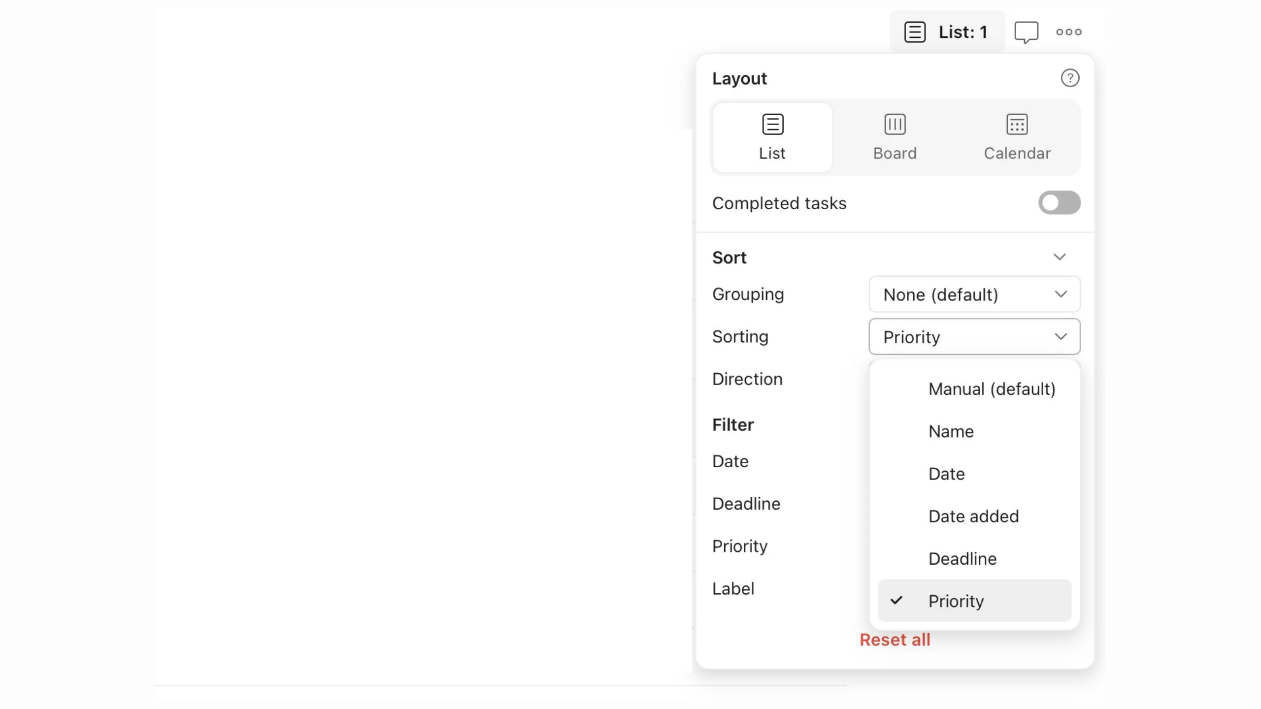 Todoist với tính năng sắp xếp ưu tiên tác vụ