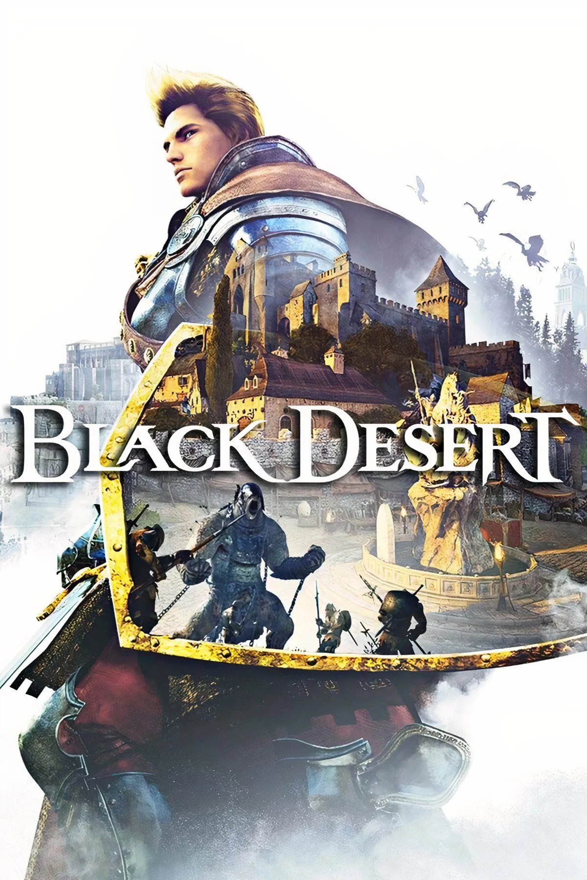 Tổng hợp hình ảnh gameplay Black Desert Online và các biểu tượng hệ máy PC, PlayStation, Xbox, Mobile.