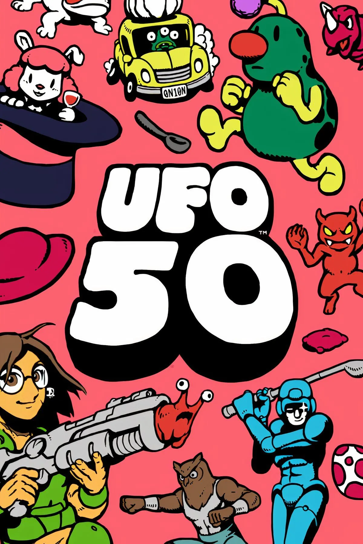 Tổng hợp nhiều màn hình chơi từ các tựa game khác nhau trong bộ sưu tập UFO 50, thể hiện sự đa dạng về thể loại và phong cách đồ họa 8-bit.