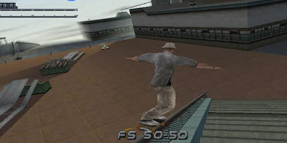 Tony Hawk trong Tony Hawk's Pro Skater 2 đang thực hiện động tác grind trên một đường ray