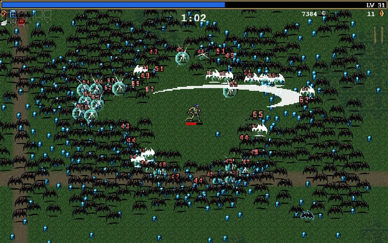 Trải nghiệm gameplay căng thẳng trong Vampire Survivors, nơi người chơi tiêu diệt hàng loạt quái vật.
