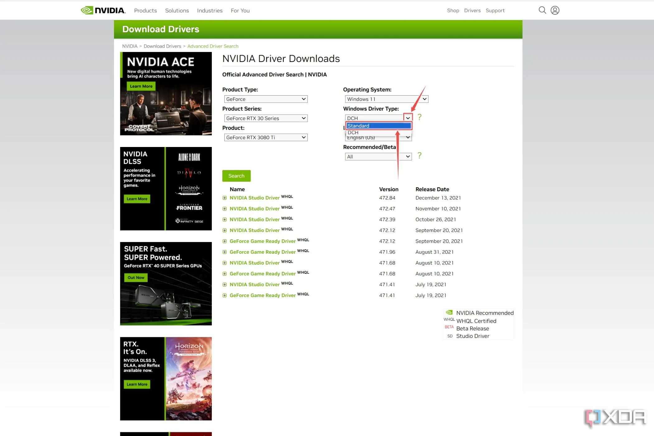 Trang tải driver của Nvidia với tùy chọn Standard drivers được đánh dấu
