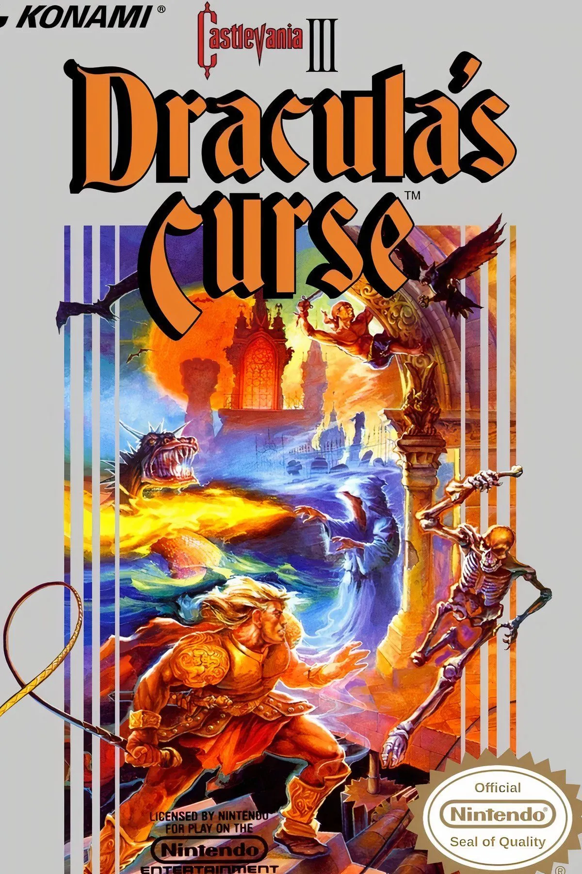 Trevor Belmont chiến đấu với kẻ thù trên một cây cầu đổ nát trong Castlevania III.