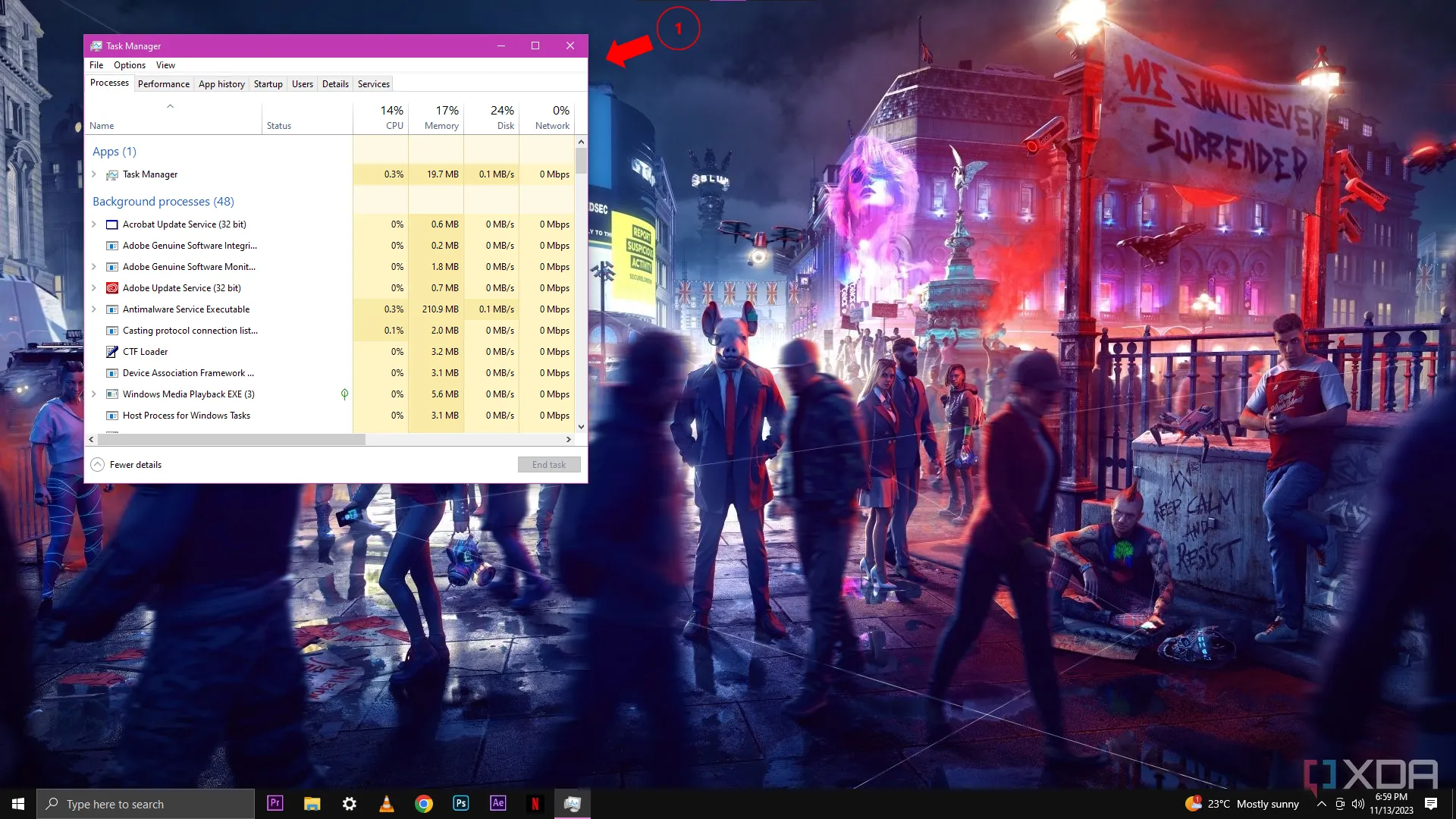 Trình quản lý tác vụ Windows 10 với tab Tiến trình đang mở