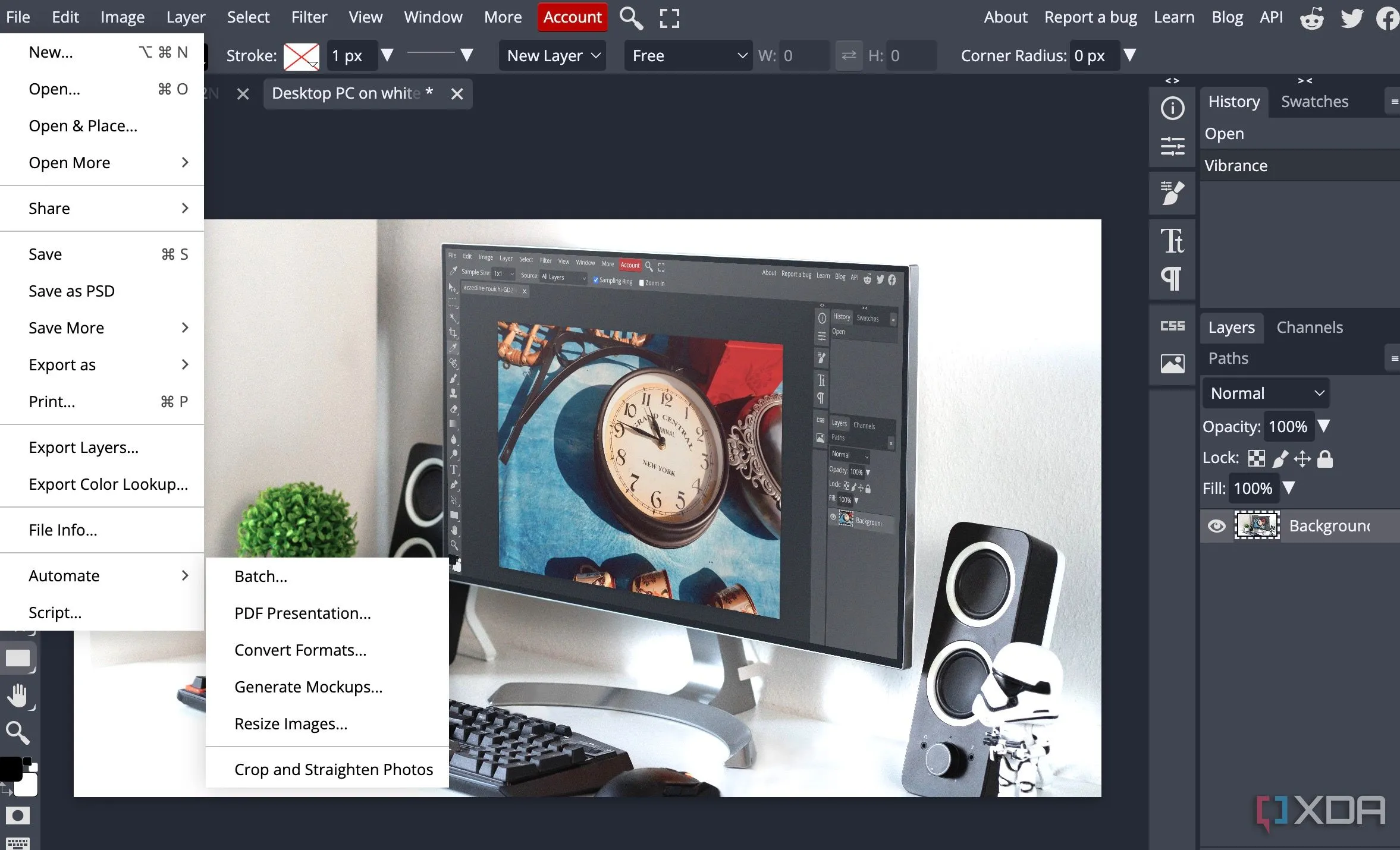 Tùy chọn tự động hóa và hỗ trợ script JavaScript trong Photopea giúp tối ưu các tác vụ lặp lại.