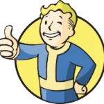 Vault Boy, biểu tượng vui nhộn của game Fallout, với áo liền quần màu xanh dương và màu vàng đặc trưng, tượng trưng cho một cuộc phiêu lưu hậu tận thế đang chờ đợi người chơi khám phá.