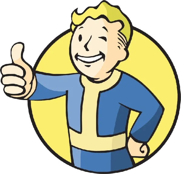 Vault Boy, biểu tượng vui nhộn của game Fallout, với áo liền quần màu xanh dương và màu vàng đặc trưng, tượng trưng cho một cuộc phiêu lưu hậu tận thế đang chờ đợi người chơi khám phá.