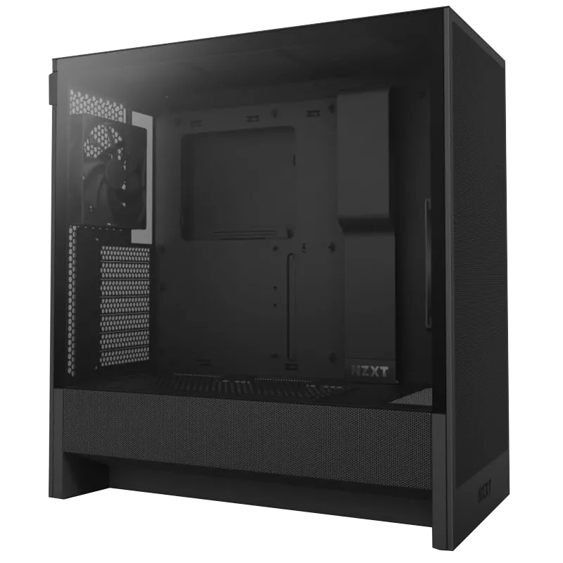 Vỏ case NZXT H5 Flow phiên bản 2024 màu đen nhìn từ góc, minh họa thiết kế tối ưu luồng khí và quản lý dây cáp