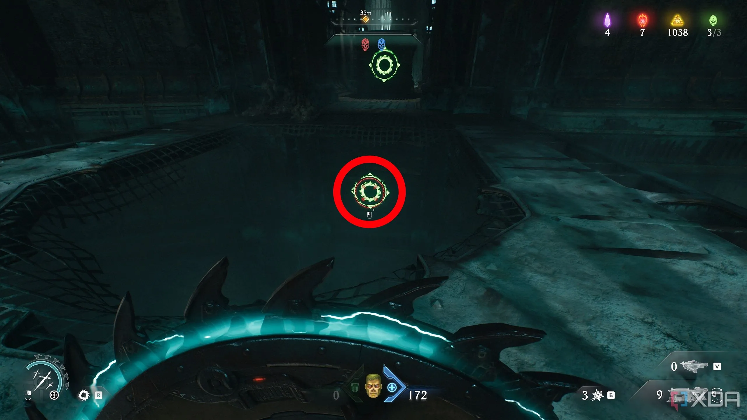 Vòng tròn làm nổi bật biểu tượng Shield Charge phía dưới của hai biểu tượng trên hộp lớn trong Chương 19 Doom The Dark Ages