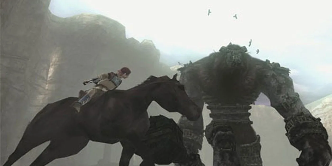Wander cưỡi ngựa Agro tiếp cận một con Colossus khổng lồ, nhấn mạnh quy mô của các trận đấu boss.