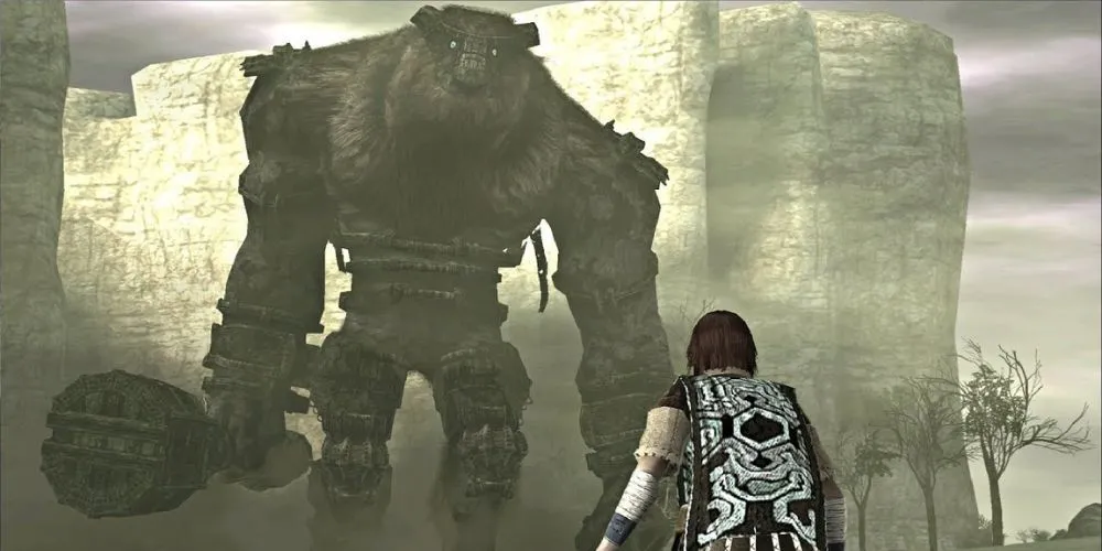 Wander đối mặt với Colossus đầu tiên, Valus, trong một cảnh tượng hùng vĩ của Shadow of the Colossus.