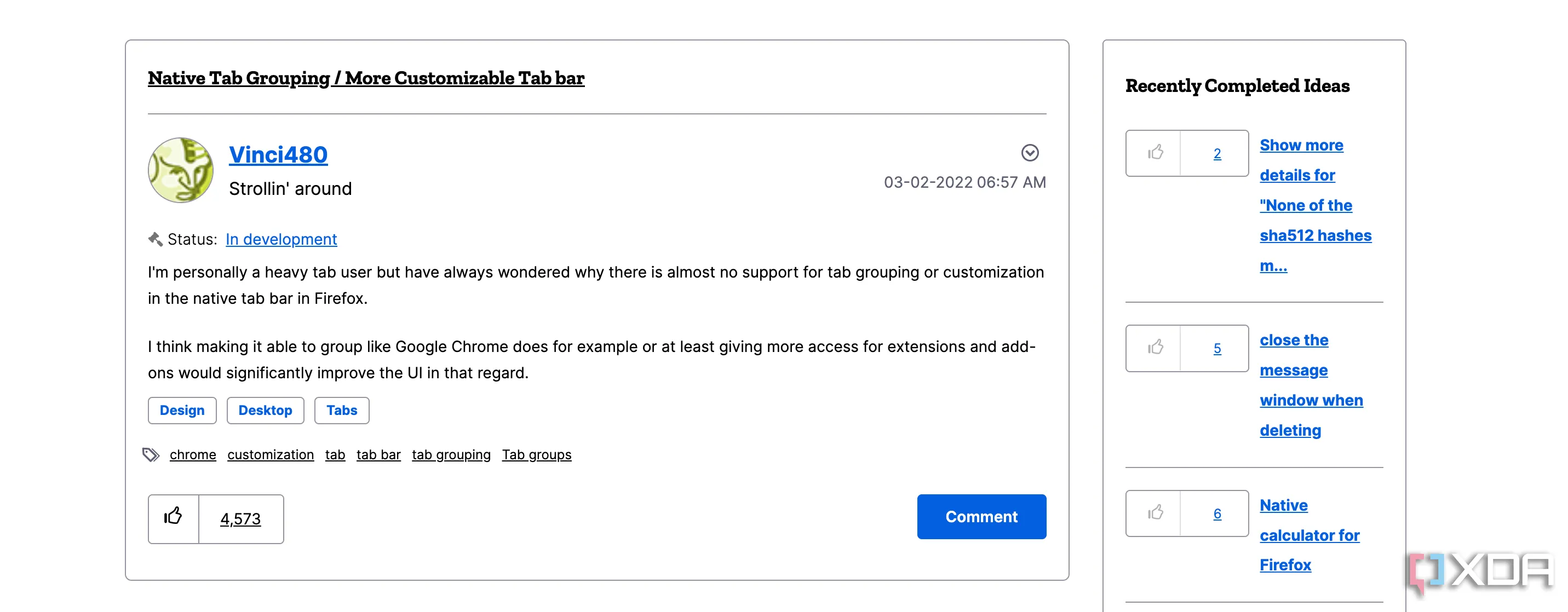 Yêu cầu 'nhóm tab gốc và thanh tab tùy chỉnh' trên nền tảng Mozilla Connect, cho thấy số lượt ủng hộ cao từ cộng đồng Firefox.